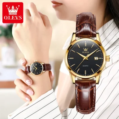 OLEVS-Reloj de pulsera de cuarzo para mujer, accesorio de marca superior de lujo, con correa de cuero transpirable, resistente al agua.