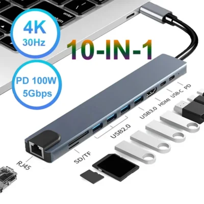 Estación de acoplamiento 10 en 1, HUB USB C 4K30Hz, tipo C a HDMI, Compatible con RJ45 Ethernet PD100W para MacBook,