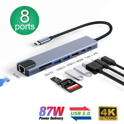 Hub USB tipo C 8 en 1, adaptador HD de 3,1 a 4K con lector de tarjetas RJ45 SD/TF, PD.