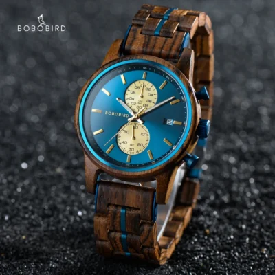 BOBO BIRD-reloj analógico de madera para hombre, accesorio de pulsera de cuarzo resistente al agua con cronógrafo grabado en madera.