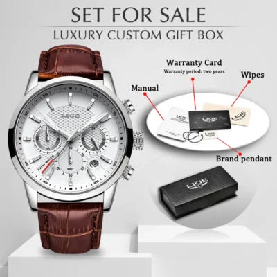 LIGE-Reloj ejecutivo de lujo para hombres, cronógrafo de cuarzo, con correa de cuero e indicador de fecha.