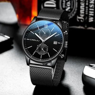 CRRJU-reloj analógico de acero inoxidable para hombre, accesorio de pulsera de cuarzo resistente al agua con cronógrafo.