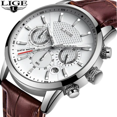 LIGE-reloj para hombre resistente al agua, cronógrafo de cuarzo, resistente al agua, correa de piel genuina