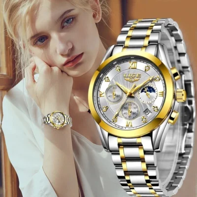 LIGE-reloj de oro para mujer, nuevo accesorio de pulsera de acero, creativo, resistente al agua