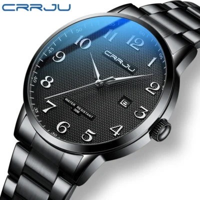 CRRJU-Reloj de pulsera deportivo de acero inoxidable para hombre, cronógrafo de lujo con botón oculto, cierre, resistente al agua, con fecha